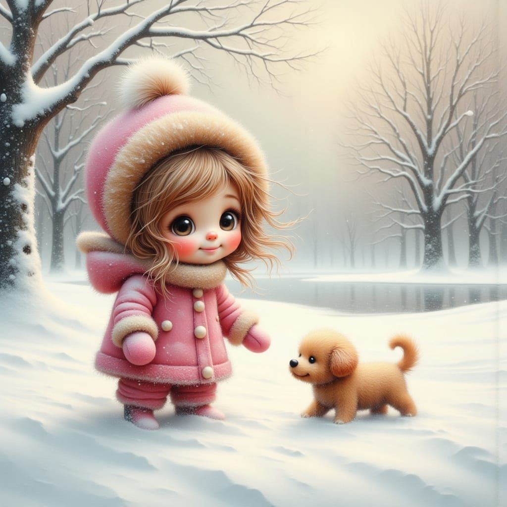 Cute Girl Plays with Puppy in Snowy Park