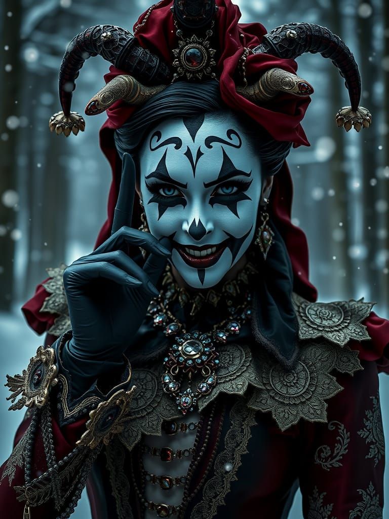 Harlequin Woman in Victorian Attire Making Silence Gesture