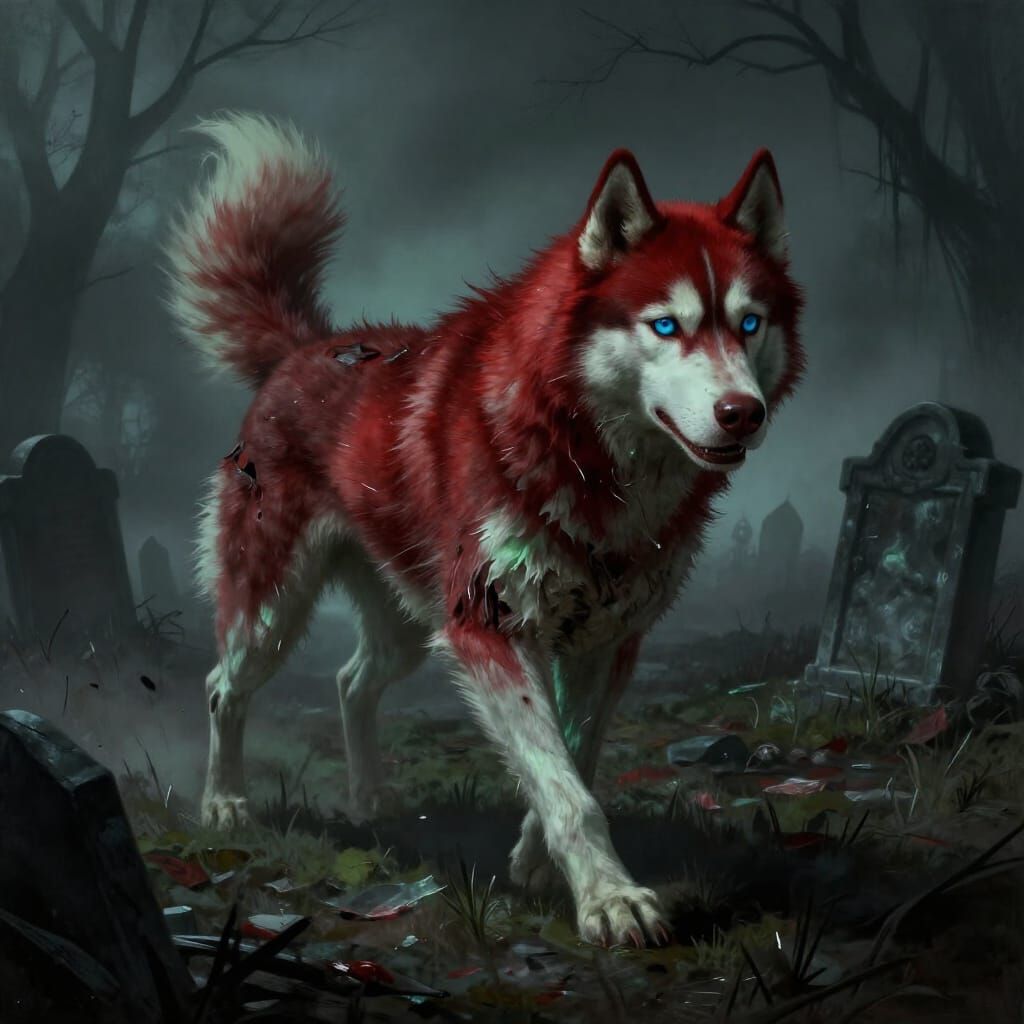 Red Husky Zombie Dog in Foggy Graveyard