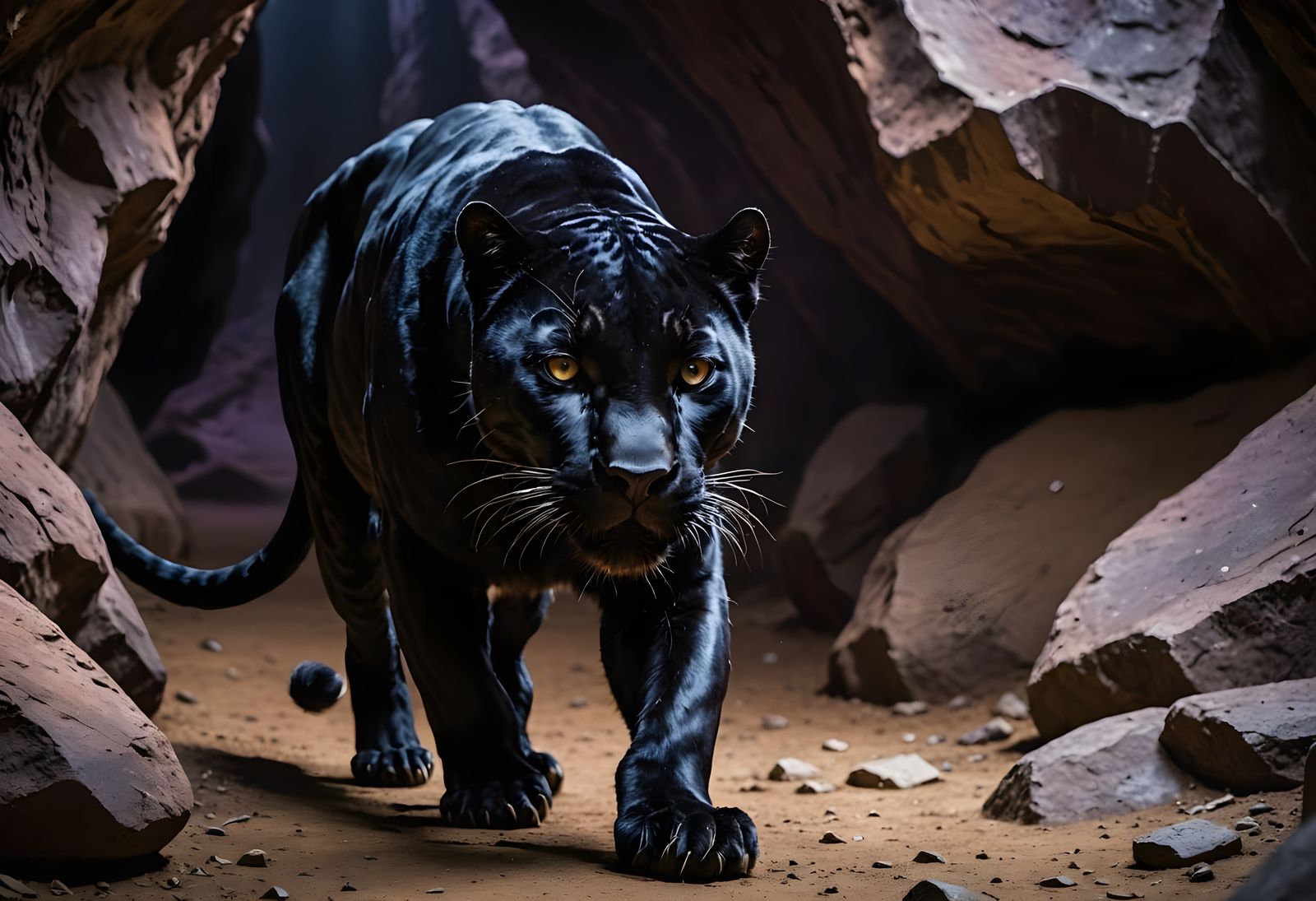 Purple-Eyed Black Panther in Underground Cavern