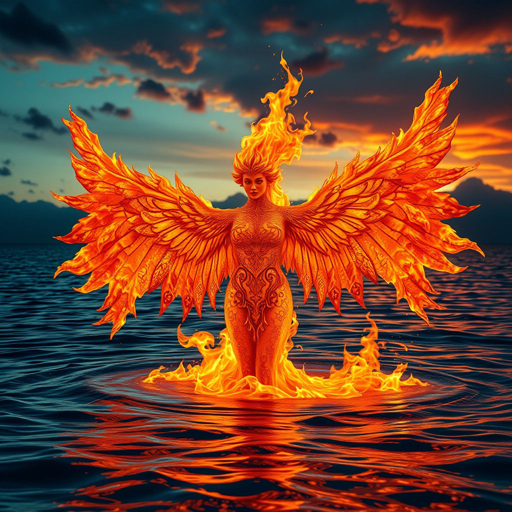 Fiery Gothic Angel Rising from Crystalline Waters