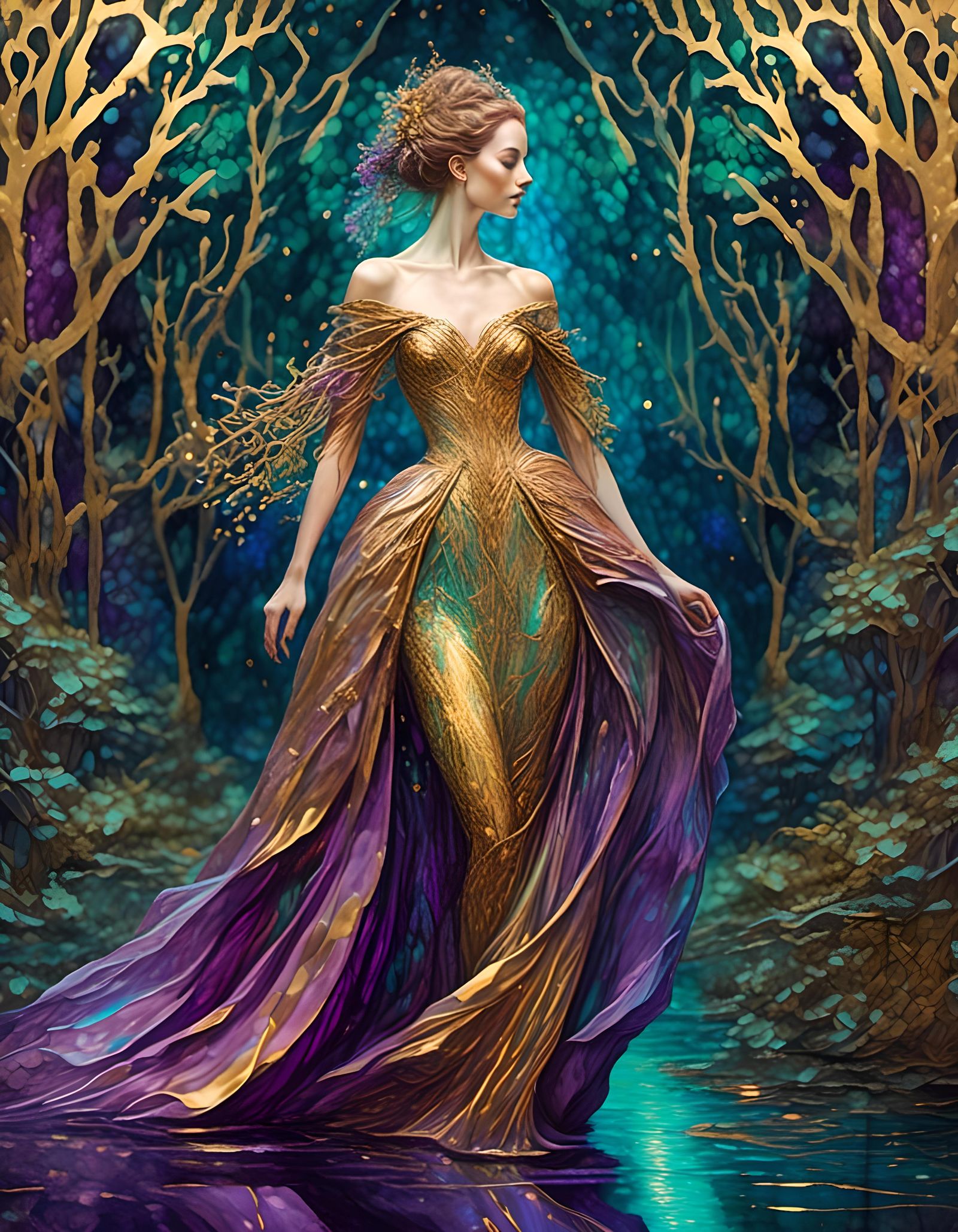 Renaissance Woman in Glowing Forest, Watercolor Style
