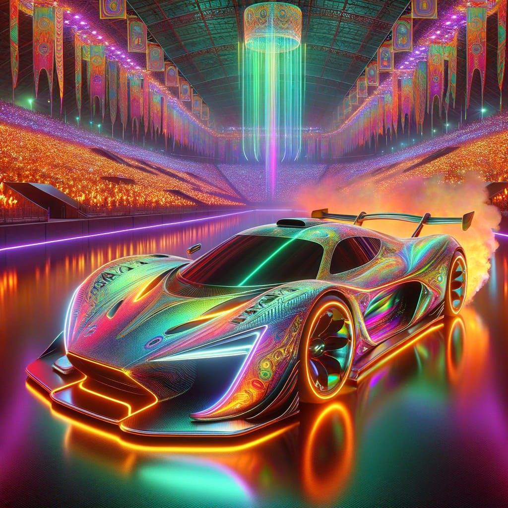 Iridescent Supercar Descends Pyramid in Futuristic Spectacle