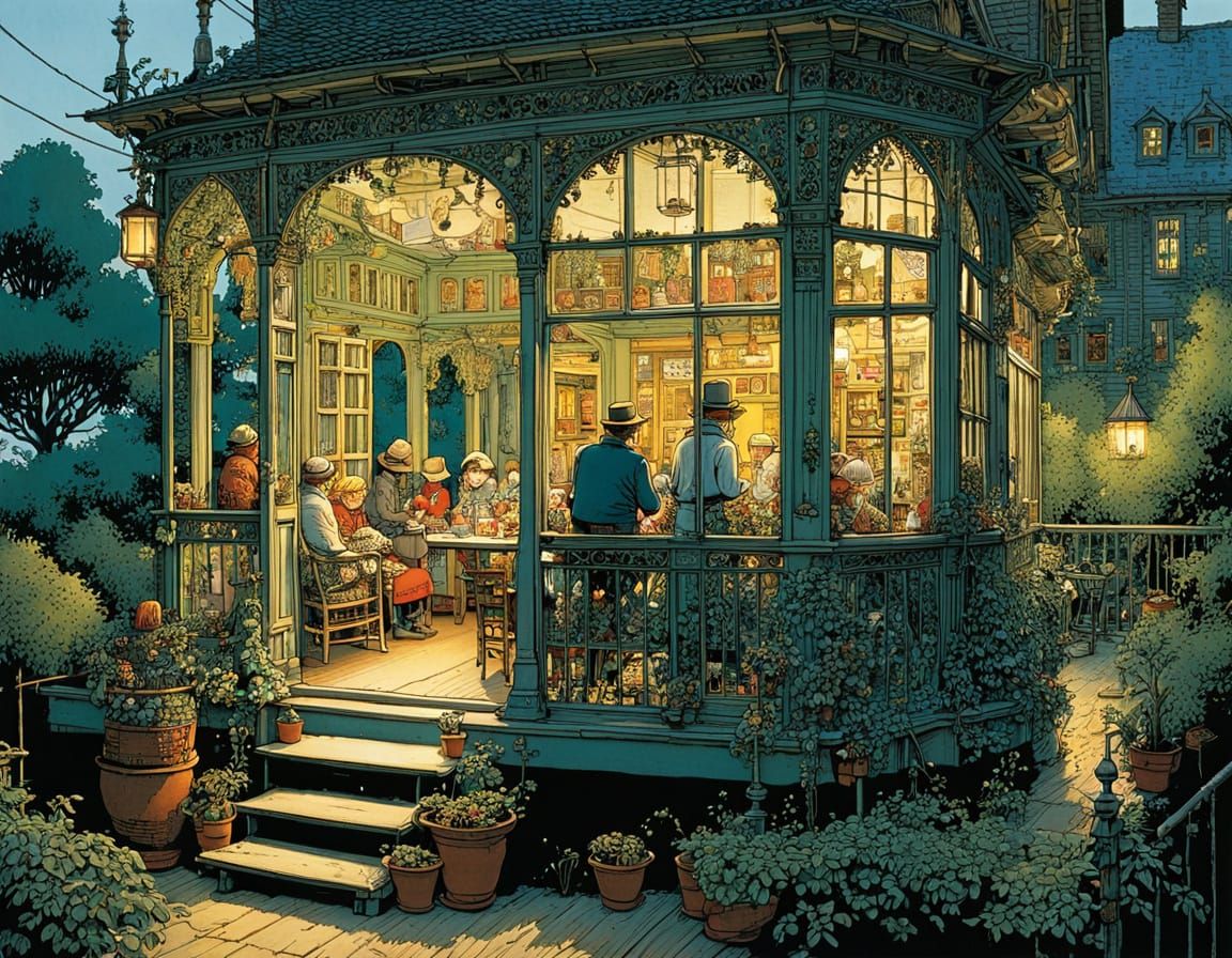 Whimsical Family Scene on a Veranda in Intricate Style