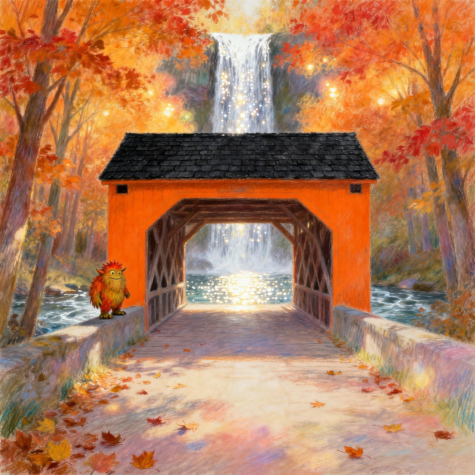 Surreal Chalk Art Covered Bridge with Autumn Scenery