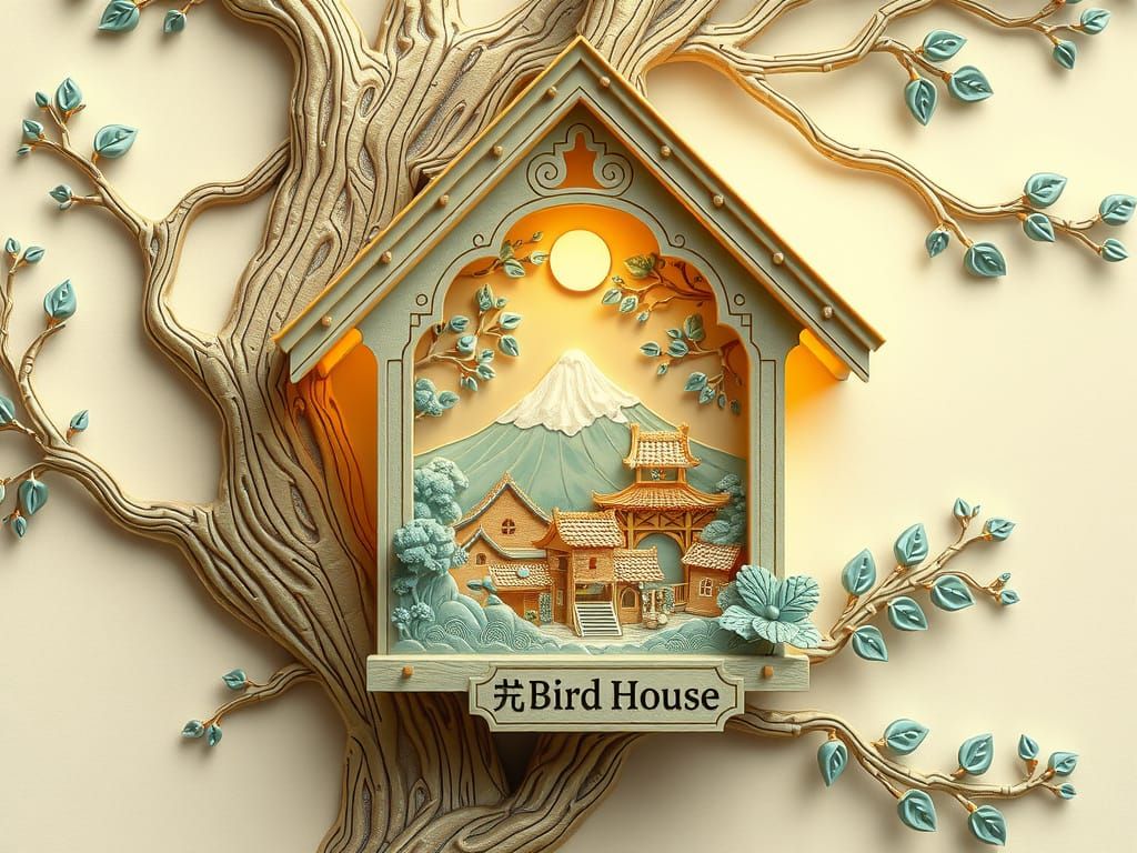 Embossed Birdhouse Village Art with Light Tones