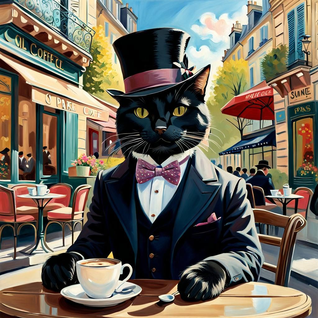 Suave Cat Sipping Coffee in Paris, Oil Painting