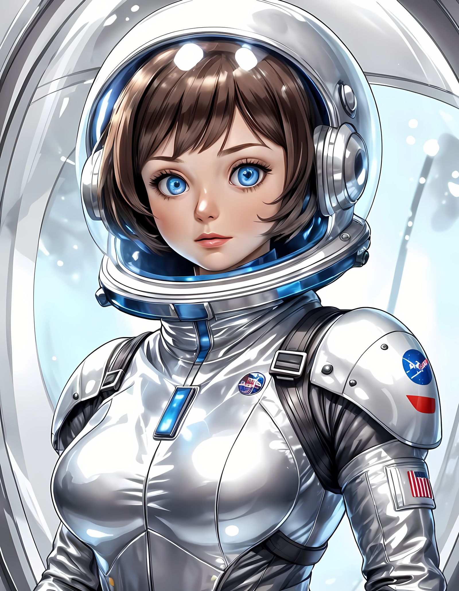 Sultry Astronaut in Shimmering Silver Spacesuit