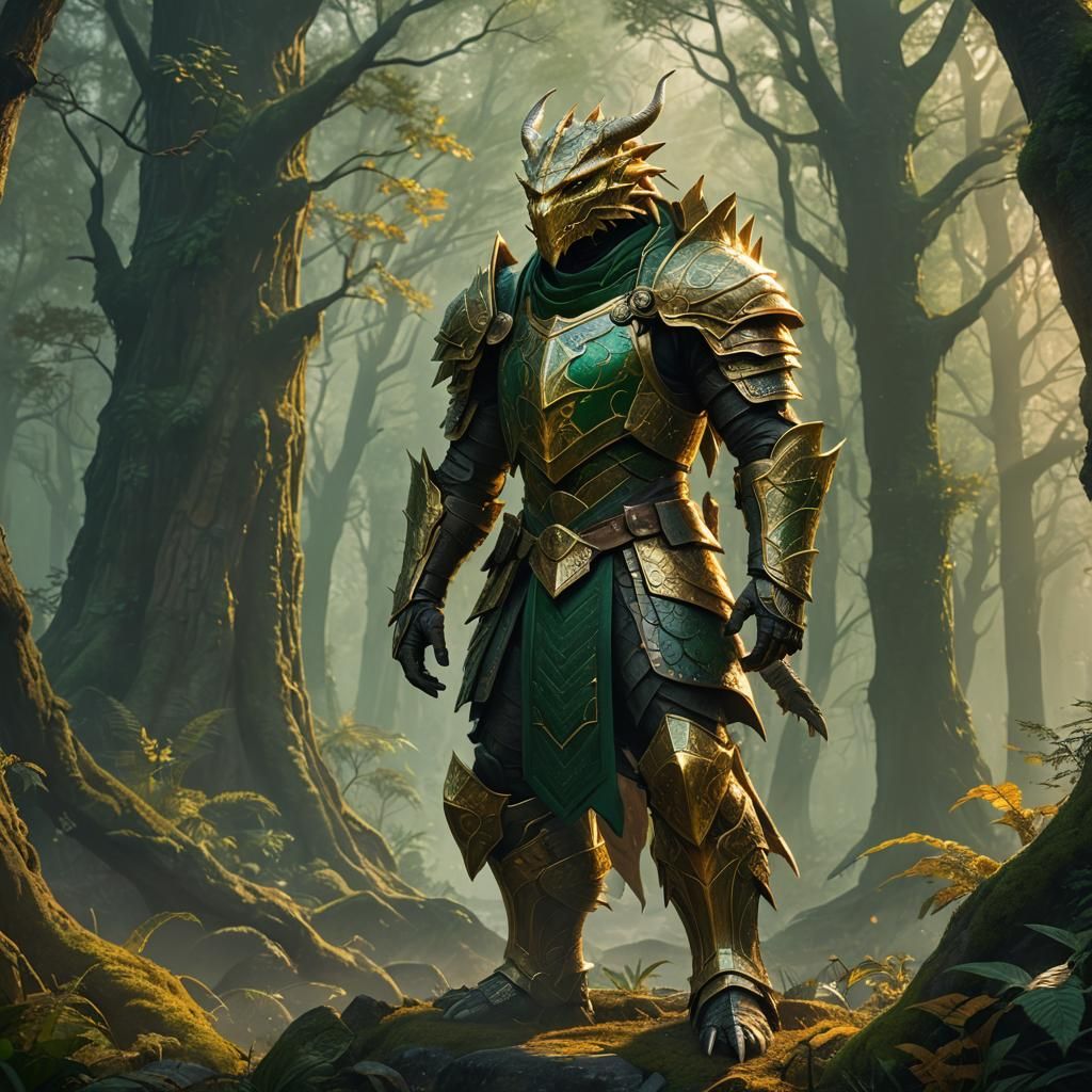 Dragonborn Paladin in Emerald and Amber Armor