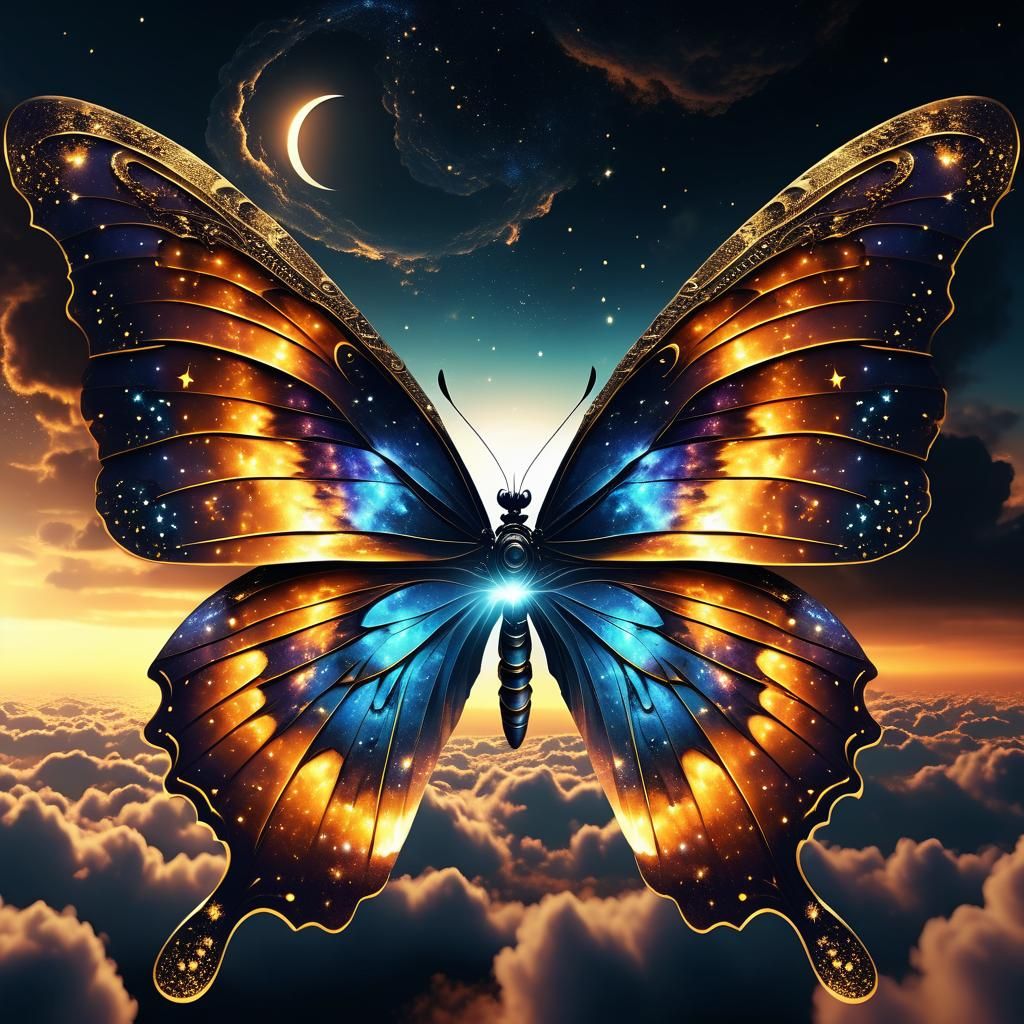 Galactic Butterfly Flying at Sunset
