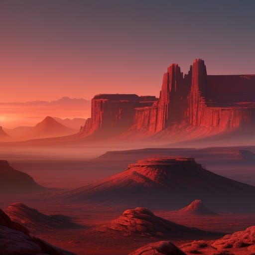 Sci-Fi Landscape with Red Sky in Digital Painting Style