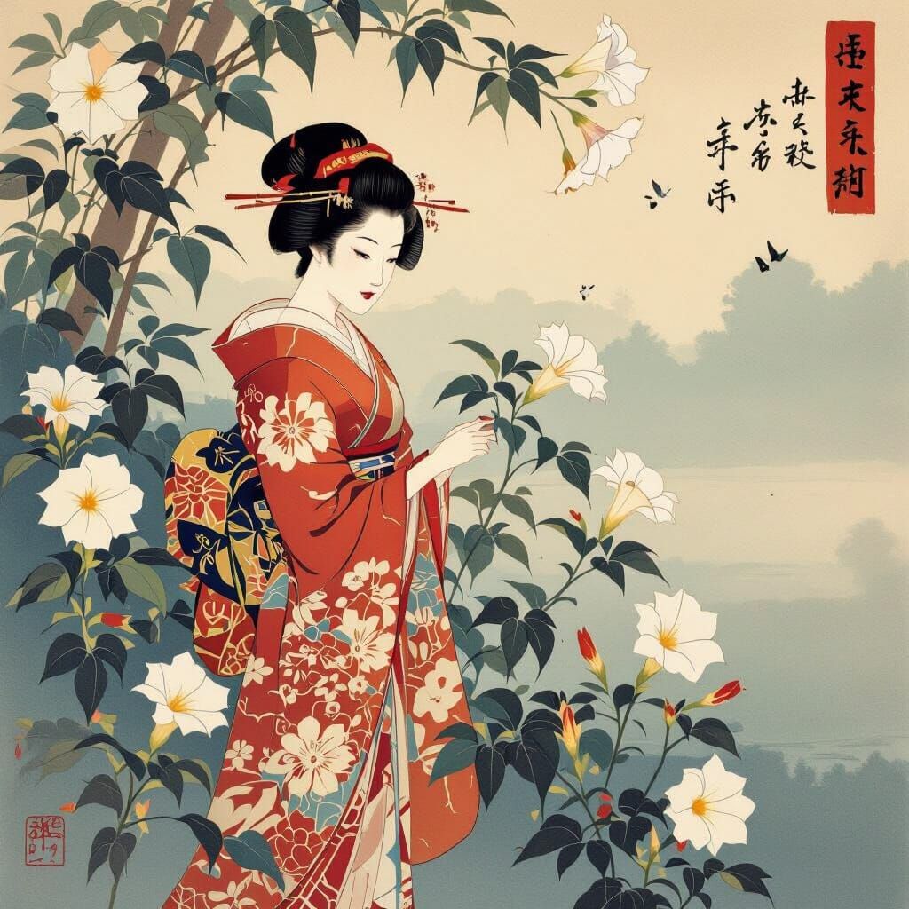 Geisha in Kimono Among Morning Glories, Ukiyo-e Style
