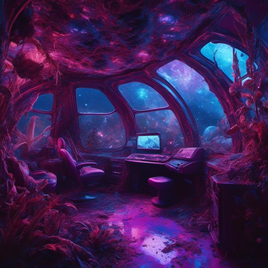 Psychedelic Spaceship Interior with Alien Plants