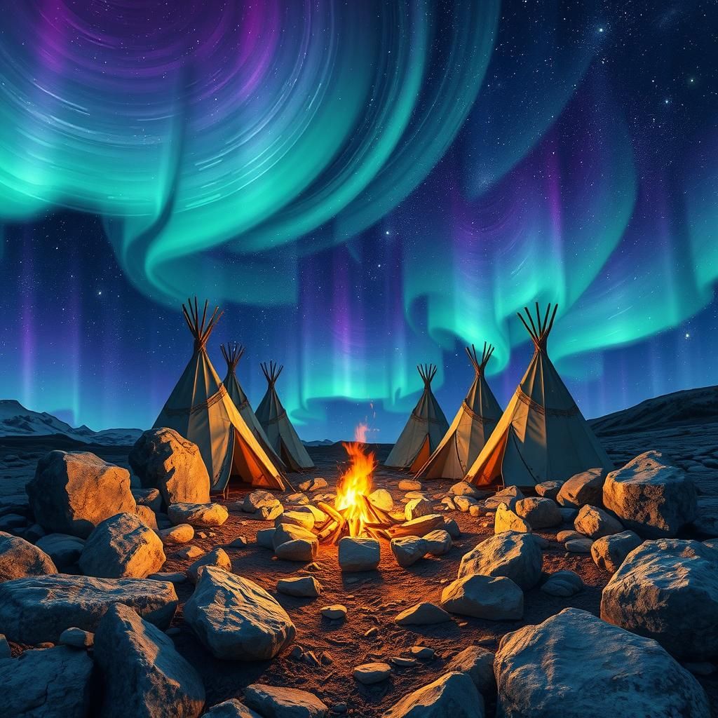 Aurora Borealis Over Teepees and Campfire