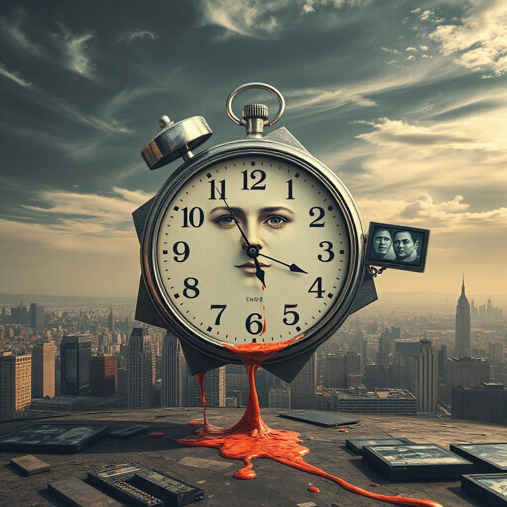 Melting Clock in Fractured Landscape, Surreal Digital Art