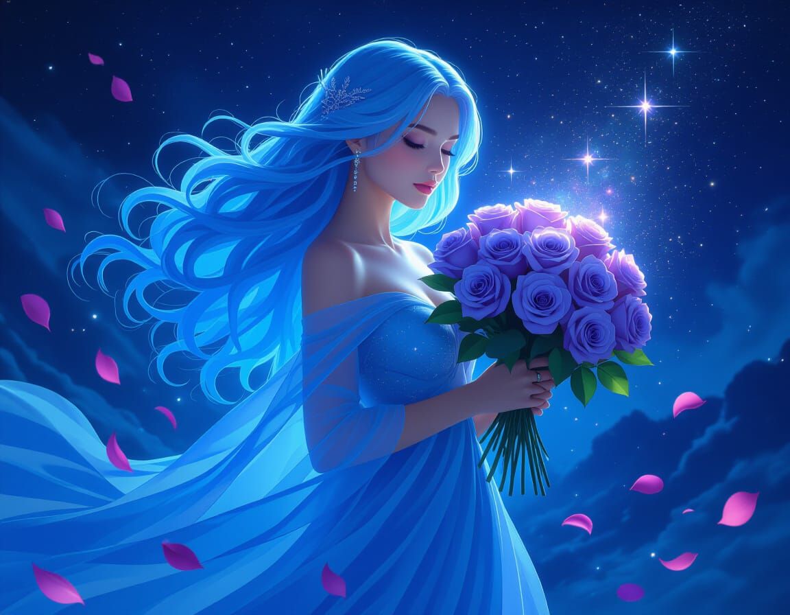 Mystical Woman with Glowing Roses in Cosmic Landscape