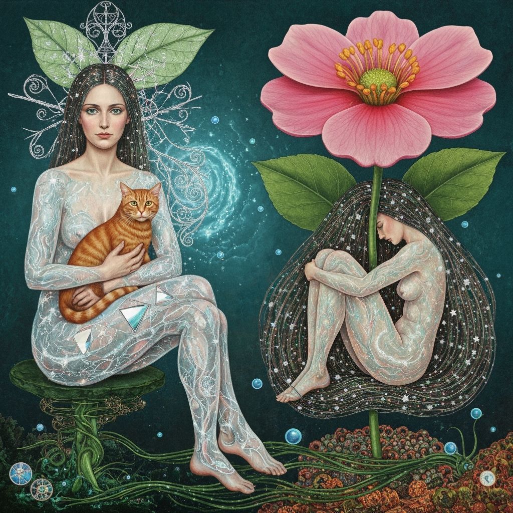 Ethereal Woman with Cat and Bioluminescent Swirls