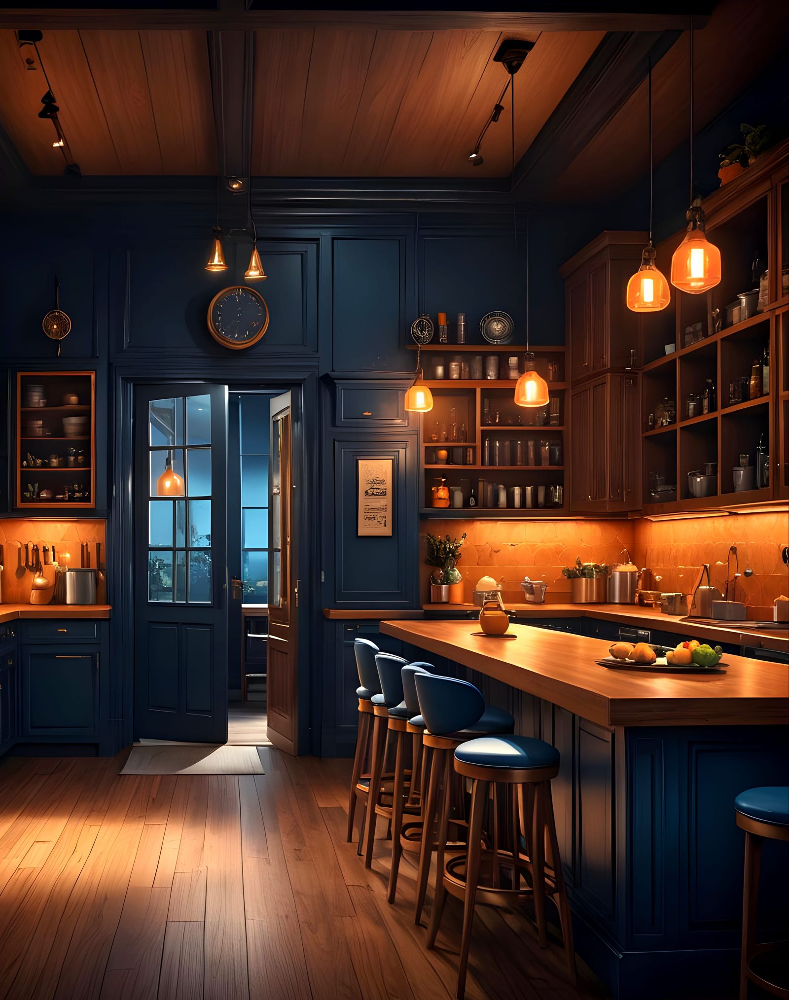 Cozy Nighttime Kitchen Scene in Deep, Fantastical Colors