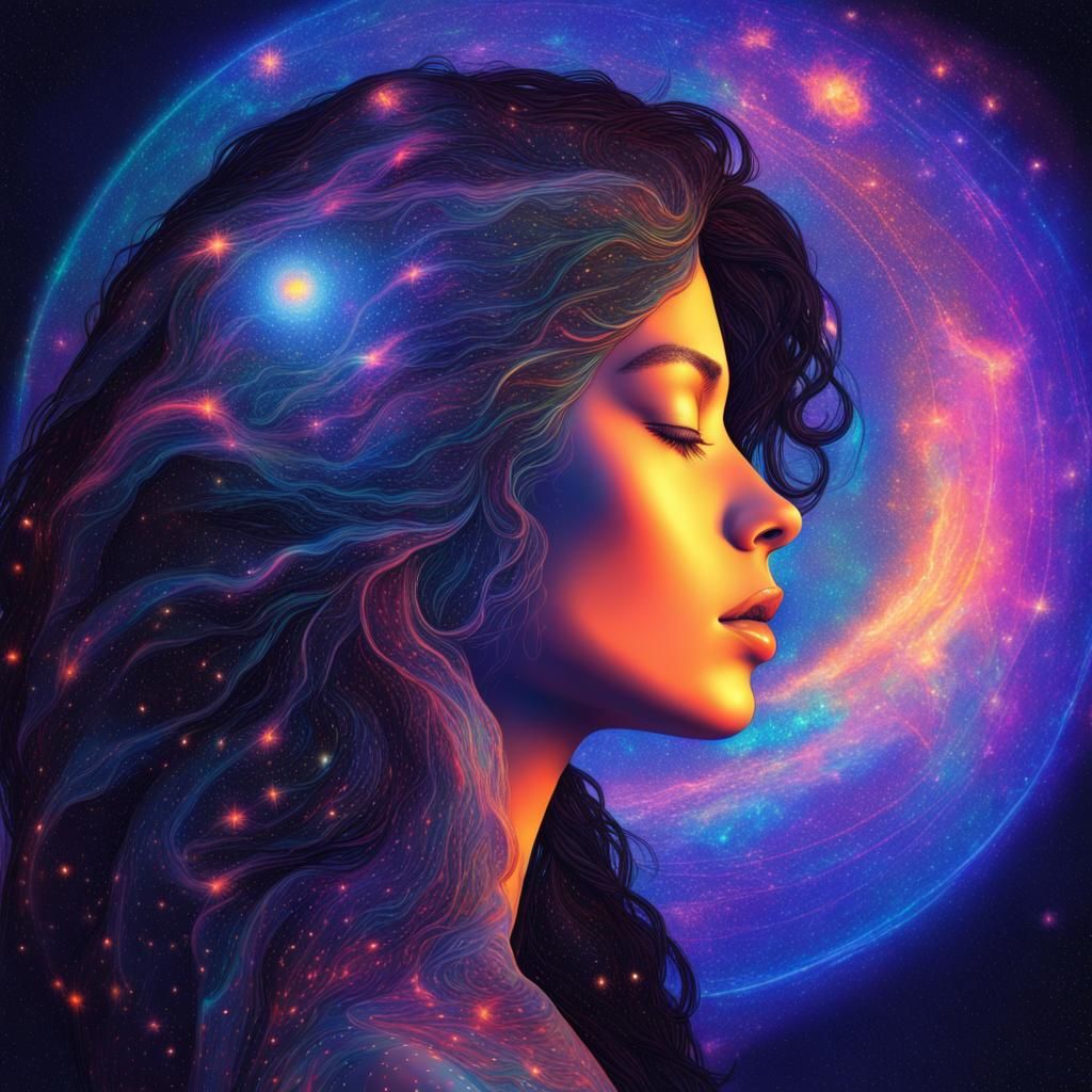 Black light, woman profile seamlessly blending with the universe