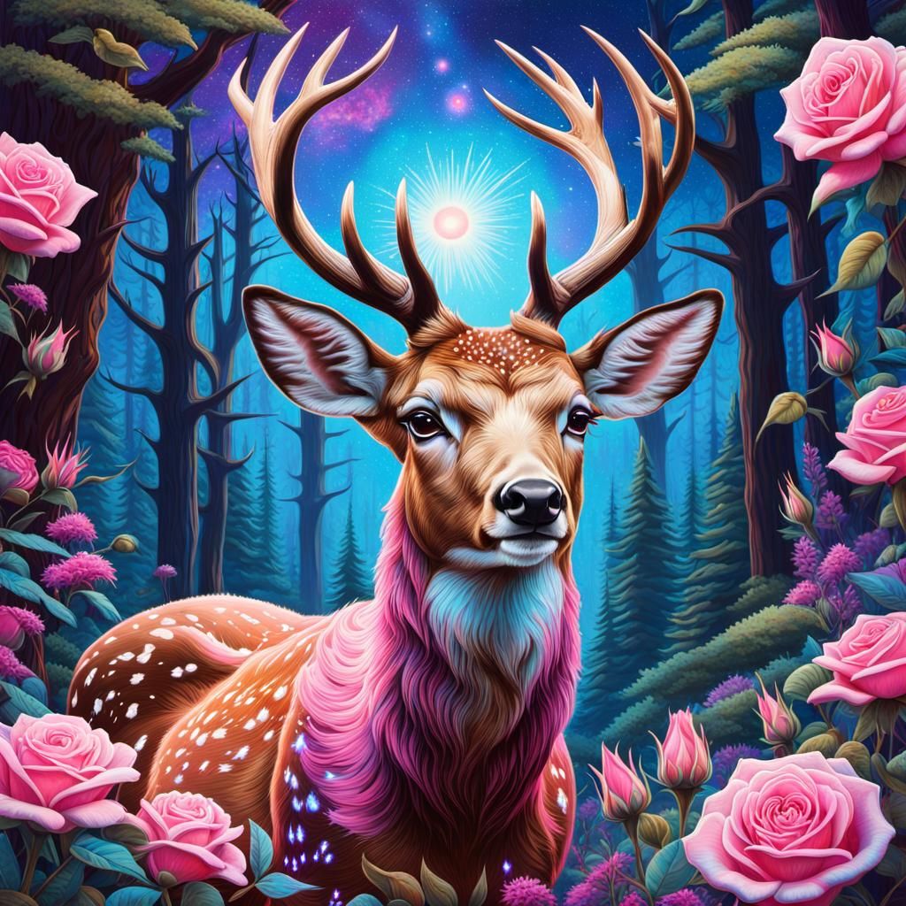 Bioluminescent Deer in Psychedelic Forest
