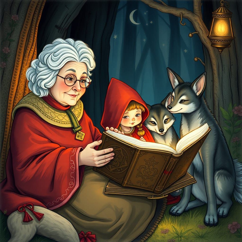 Grandmother Reads Whimsical Fairy Tales to Wolf Cubs