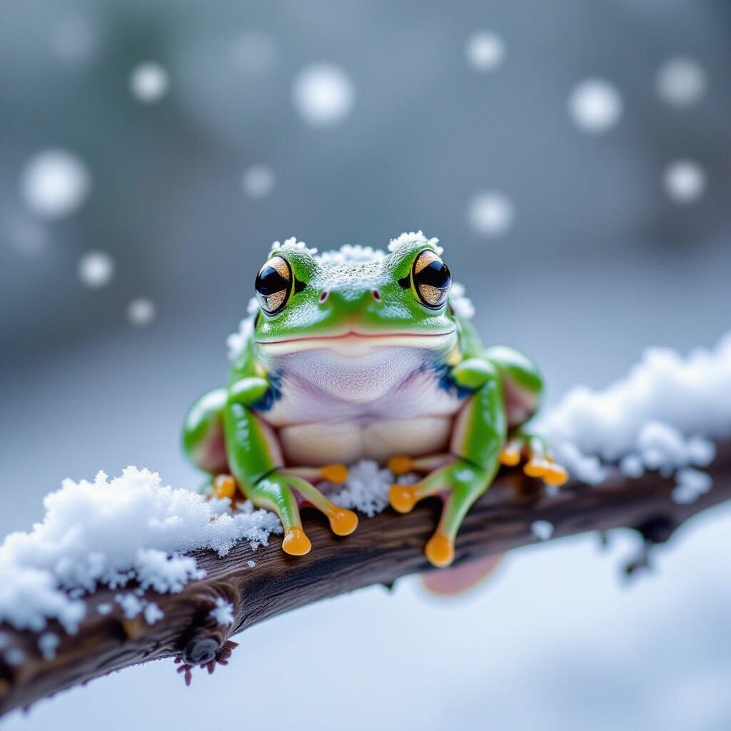 Tiny Green Frog in Snow, Photorealistic Portrait