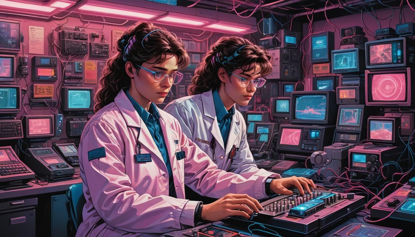 Cyberpunk 80s Lab Scene with Neon Glow