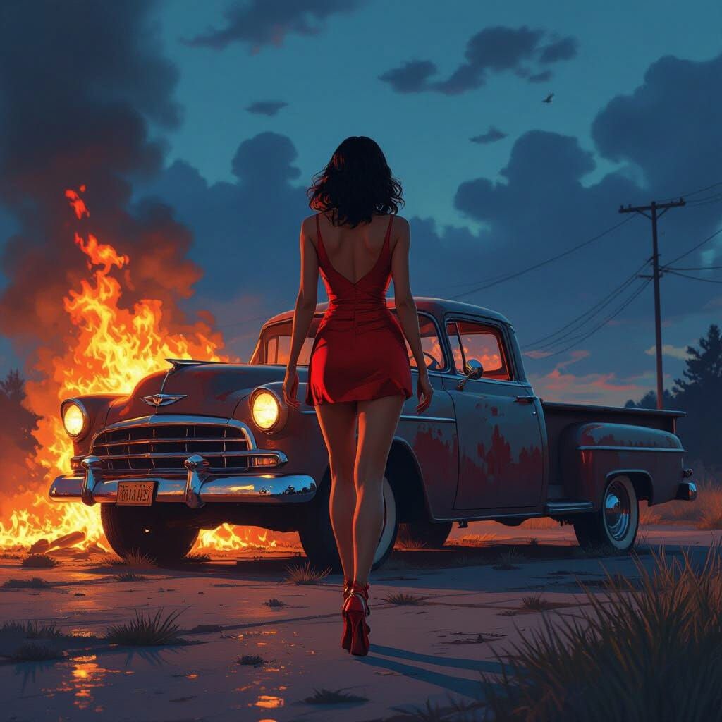 Woman Walking Away From Burning Truck