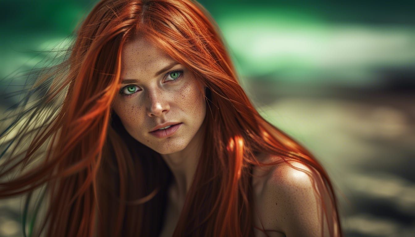 Hyperrealistic Redhead on Beach in HDR