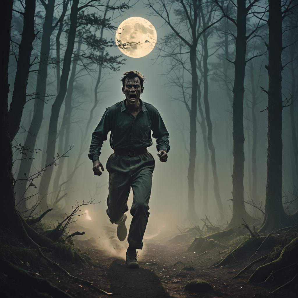 Angry Man Runs Through Misty Forest at Night