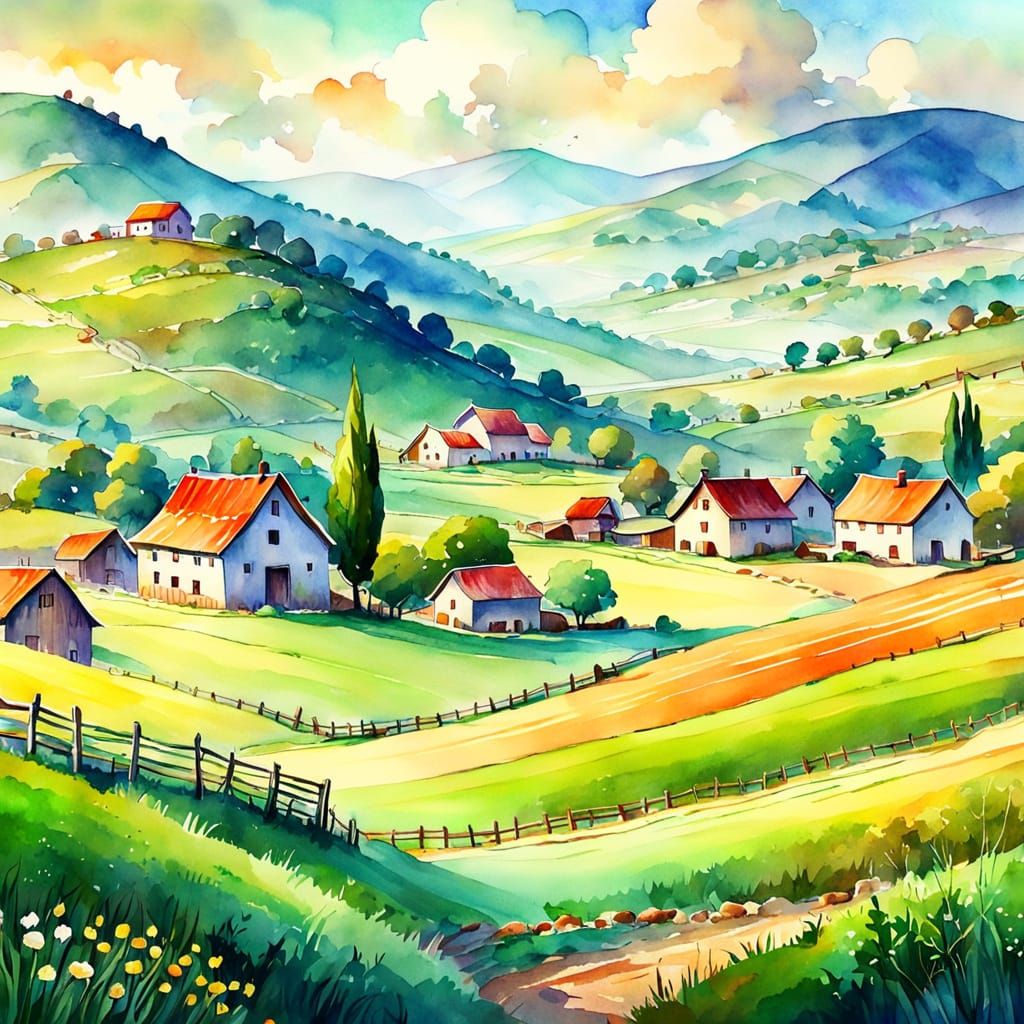 Whimsical Watercolor Farm in Village