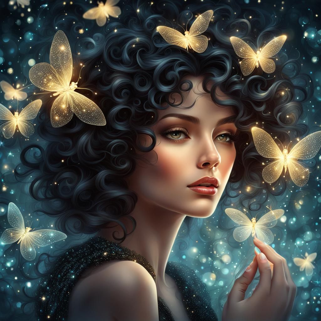 Girl of Sequins with Fireflies in Art Noir Style