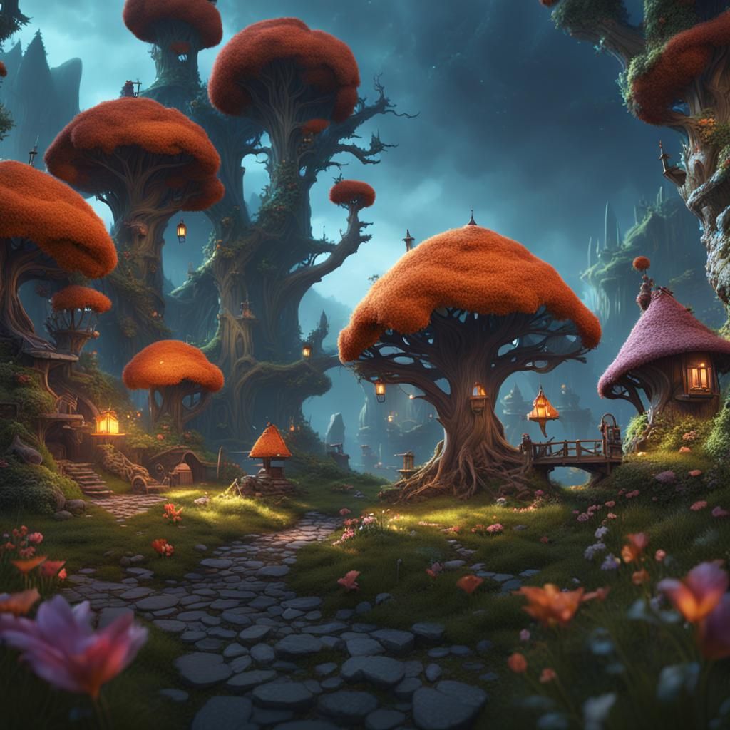 Fantastical Fairy Village Matte Painting in Deep Color