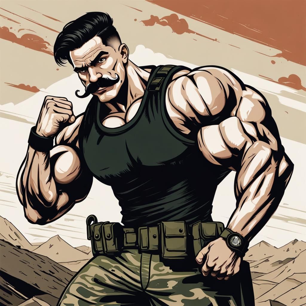 military soldier with big mustaches and black undercut hair with muscles flexing bicep
