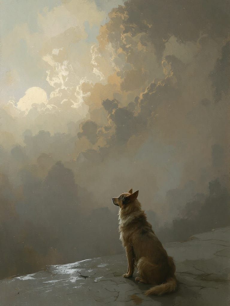 Dog Bathed in Golden Light With Expressive Brushwork