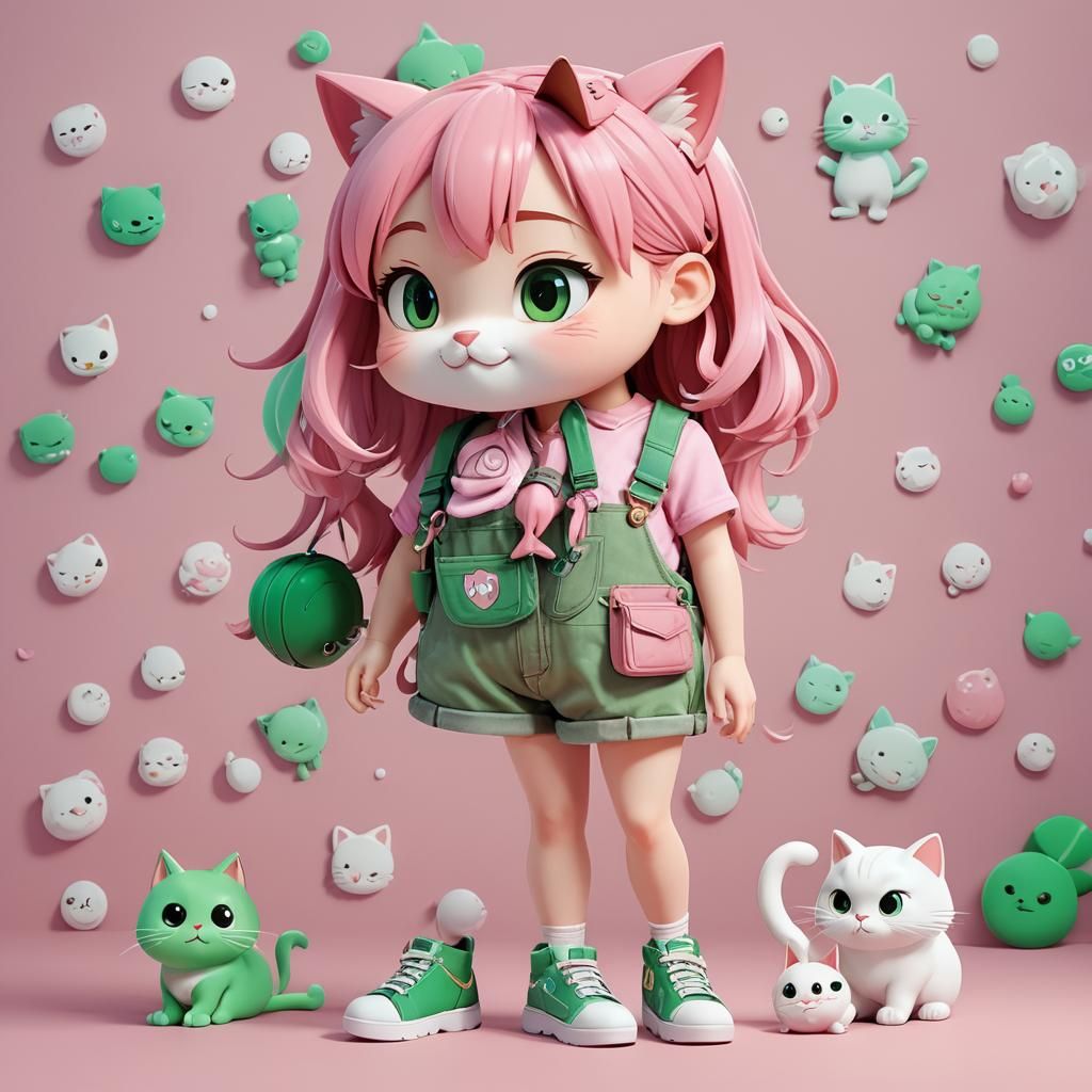 Anime Chibi Girl in Pink Overalls: 3D Digital Art
