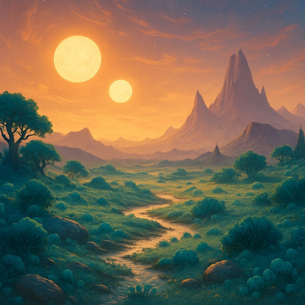 Surreal Twin Suns Landscape in Vibrant Alien World