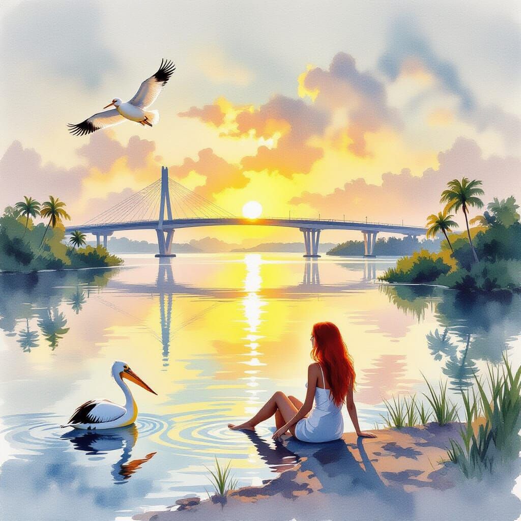 Key Largo Vista with Pelican in Watercolor Style