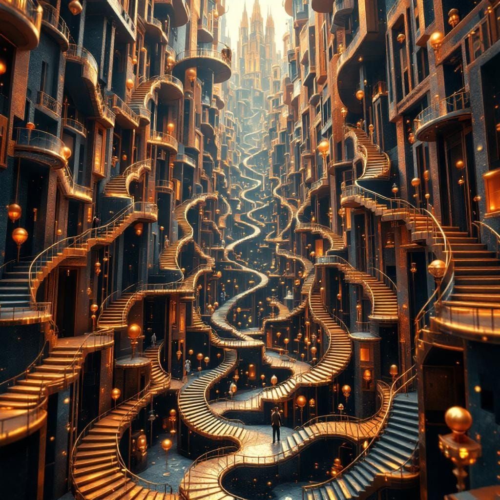 Surreal City with Escher-Style Staircases in Digital Art