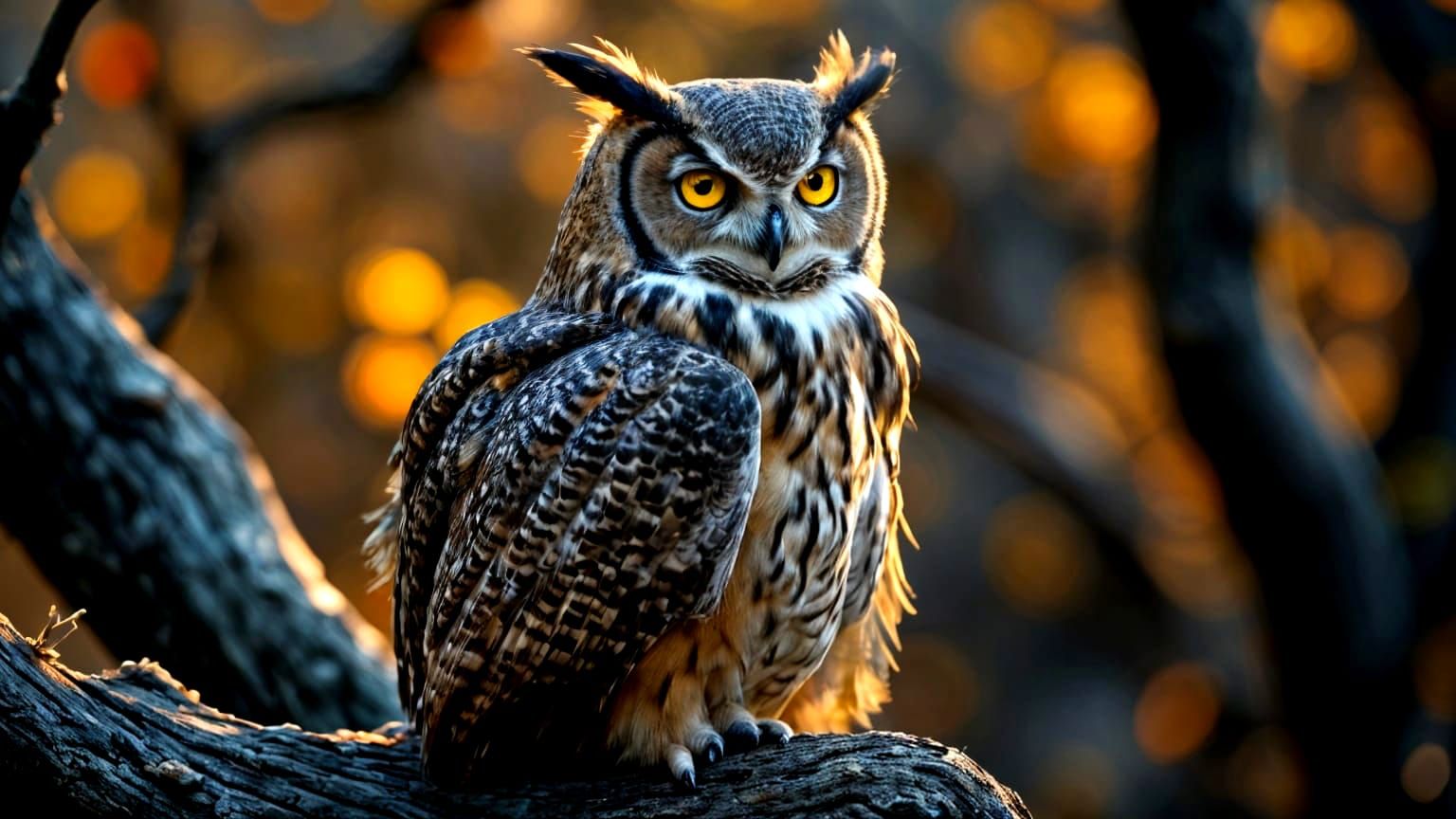 A Great Horned Owl sitting on a tree branch.