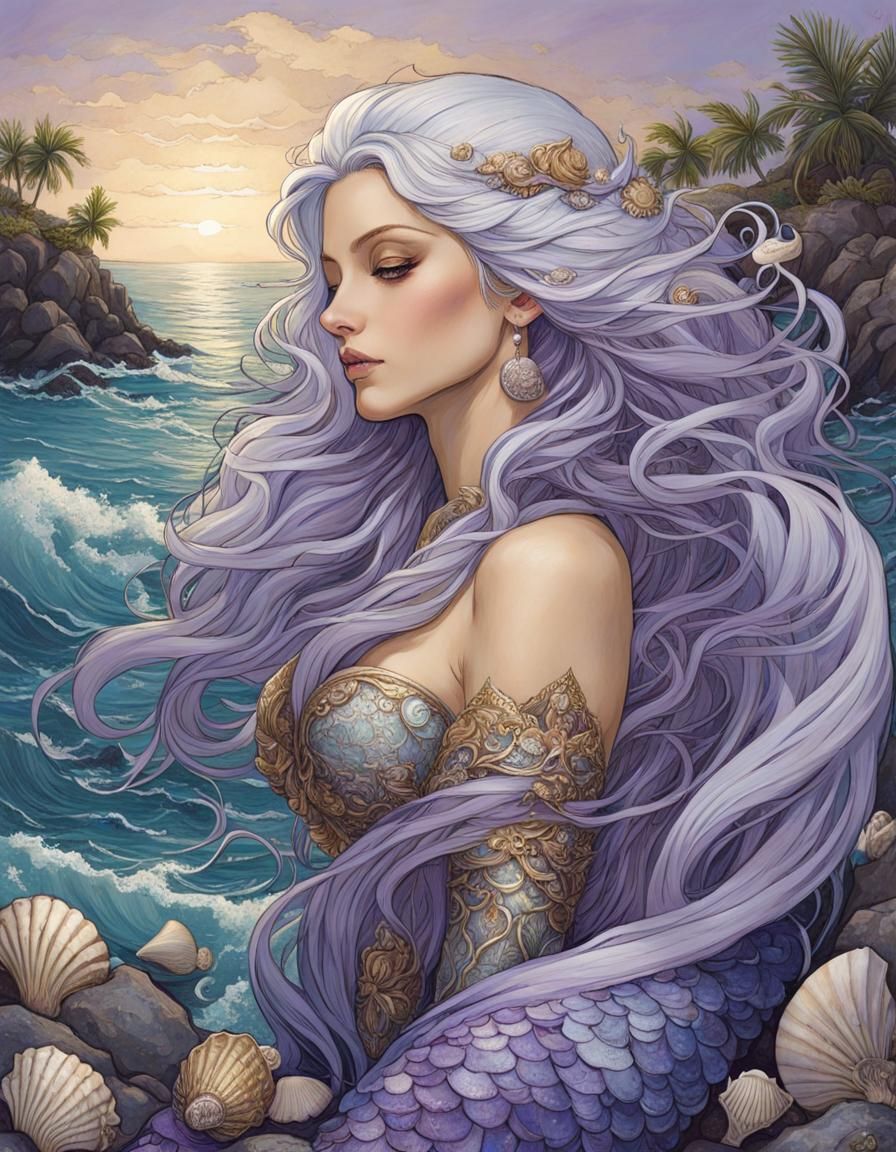 Seashell Mermaid in Watercolor Style on Private Beach