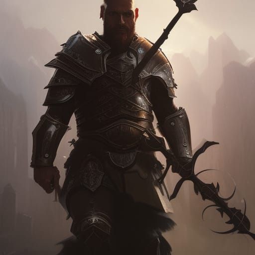 Armored Paladin with Spear and Shield in Dark Fantasy