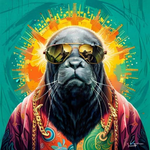Walrus Portrait with Sunglasses in Groovy Style