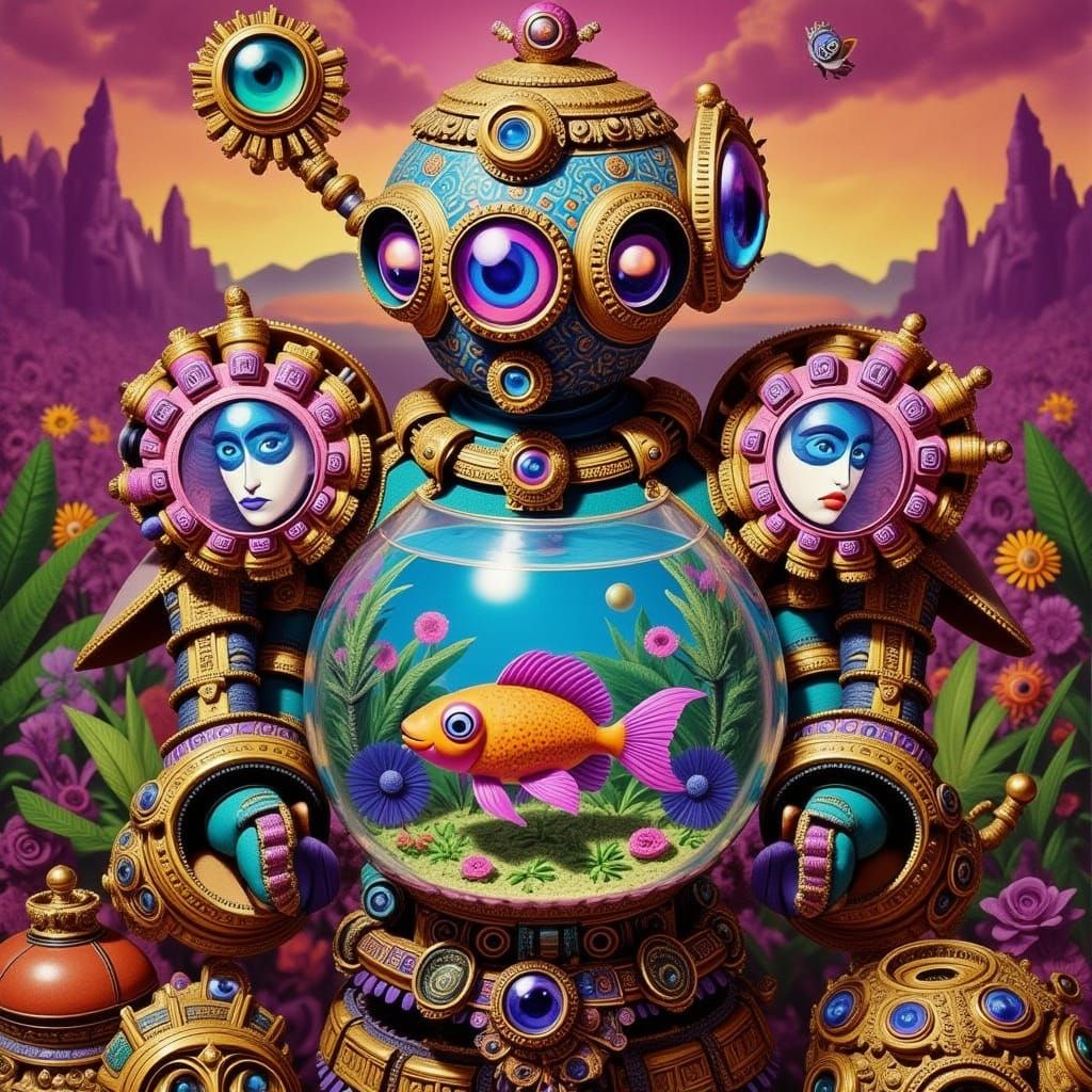 Cute Robot Holding a Fishbowl