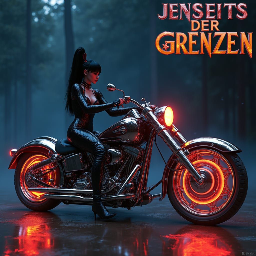 Futuristic Motorcycle Elegance with Vampirella in Chrome