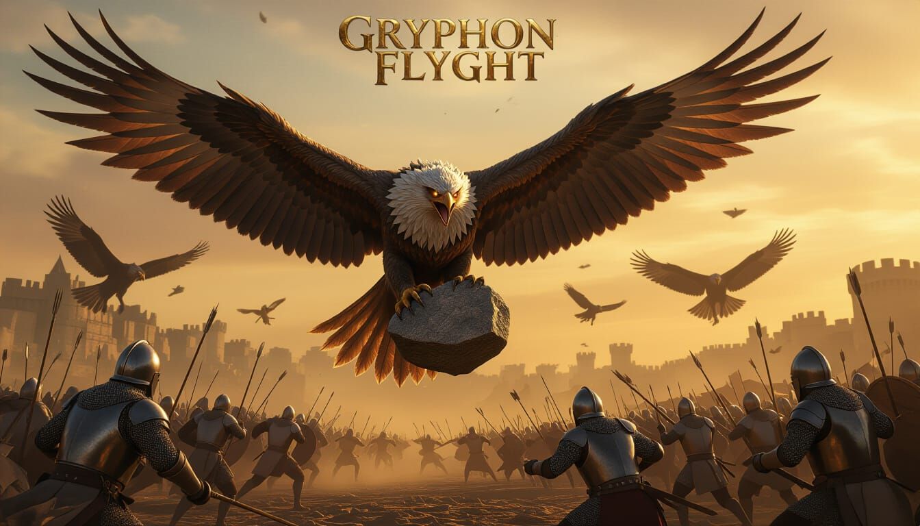 Armored Gryphon Over Battlefield in Dark Fantasy Style