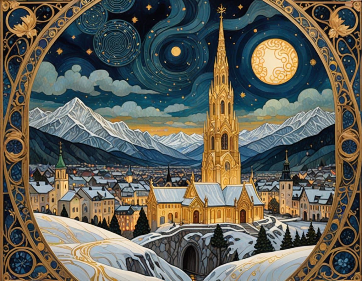 Gilded Winter Village in Art Nouveau Style