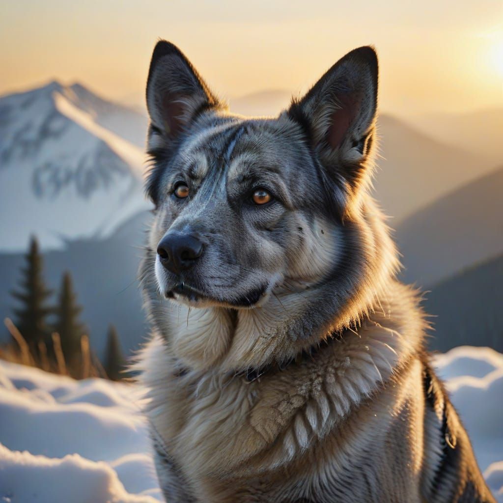 Norwegian Elkhound Portrait on Mountain Peak