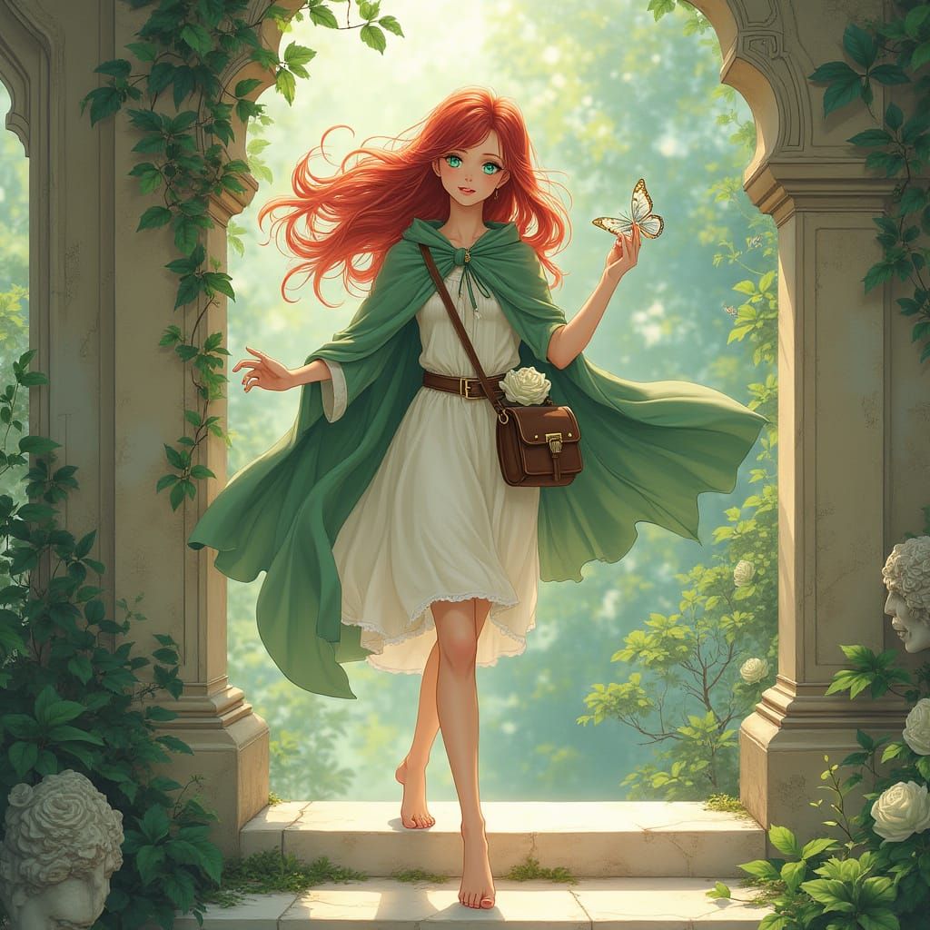 Anime Woman Steps into Air in Gothic Garden