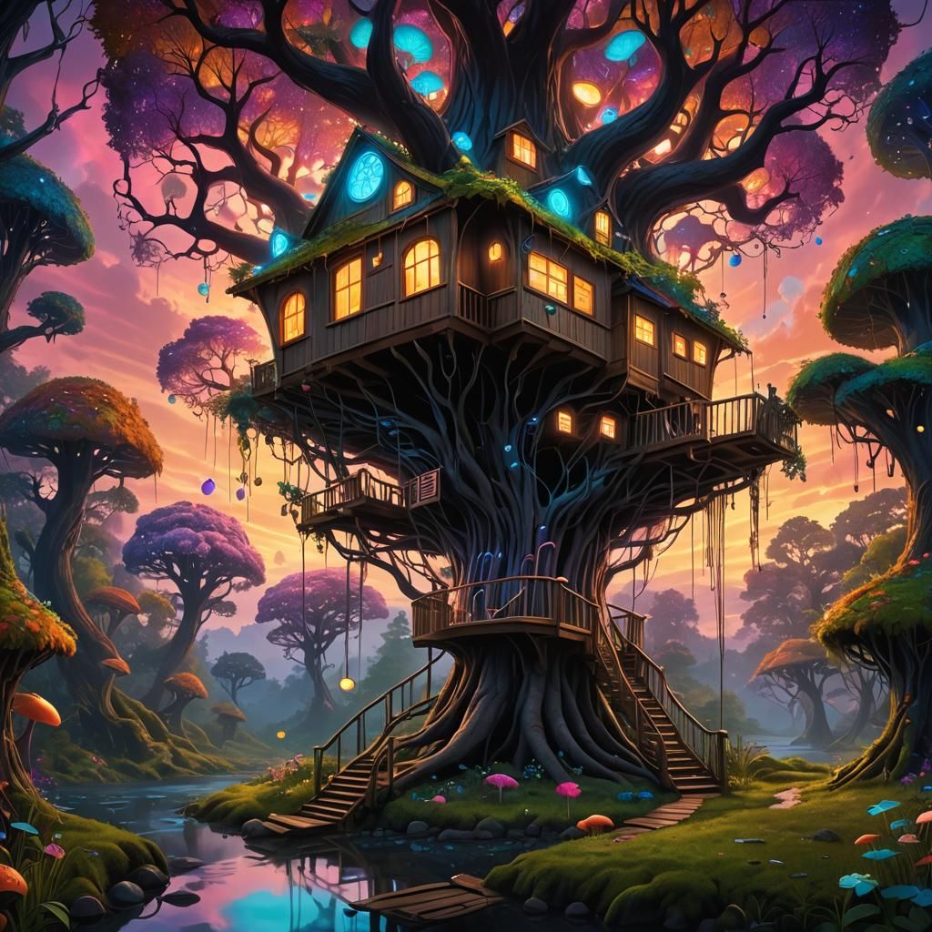 Bioluminescent Fungal Treehouse in Candy Art Style